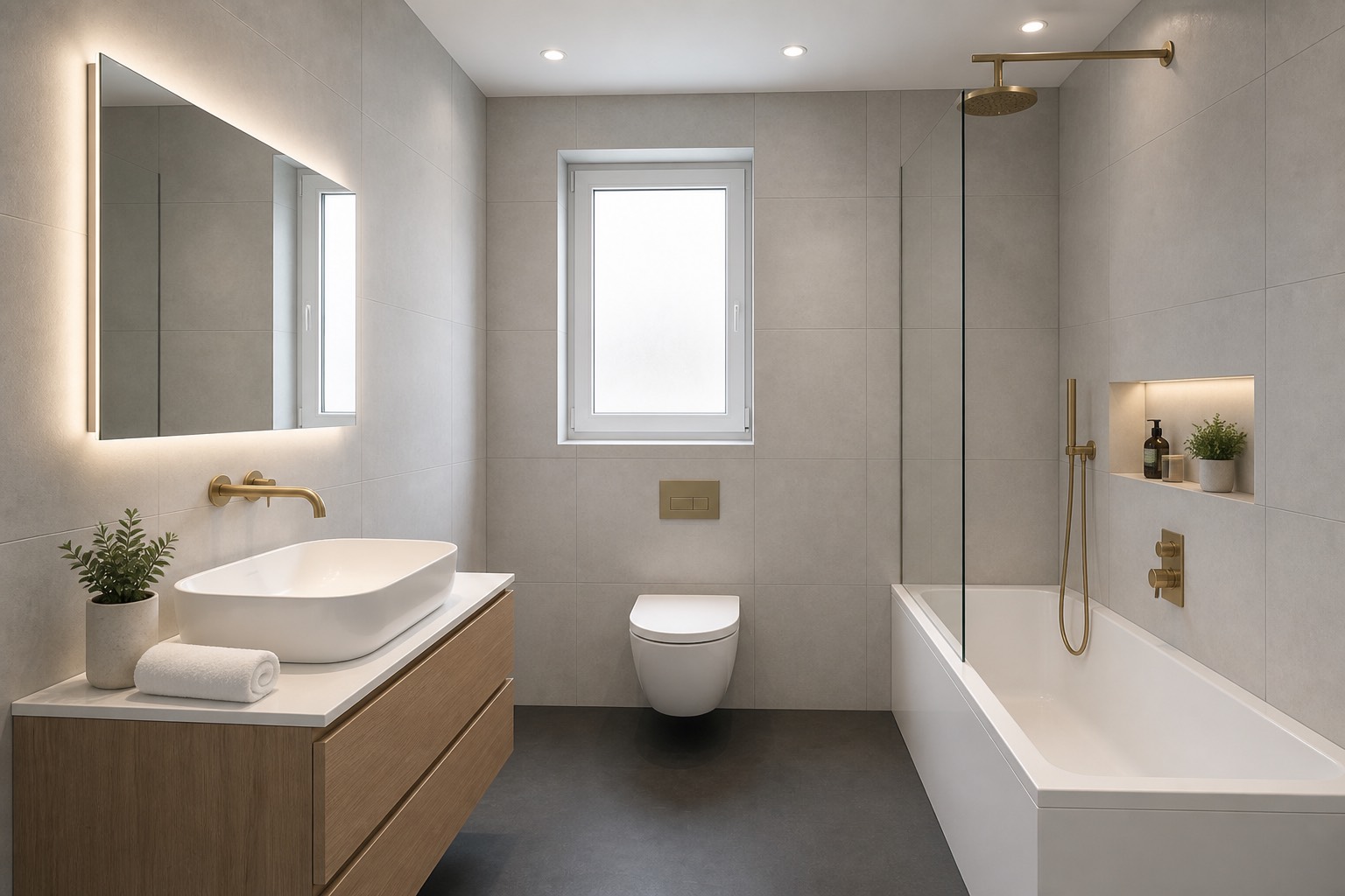 Casa de banho nova com cerâmica clara e torneiras douradas / New bathroom with light tiling and brass taps