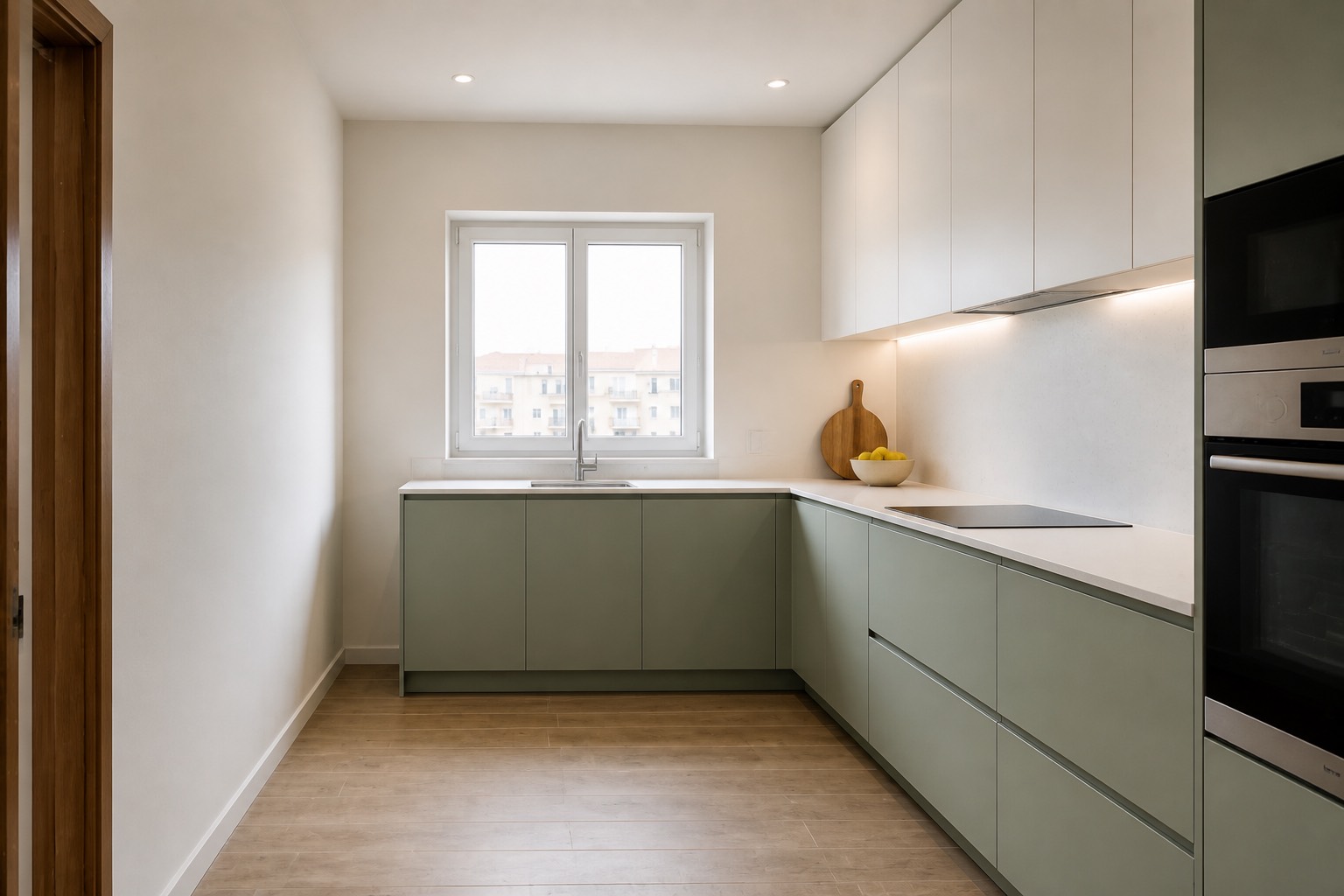 Cozinha nova com móveis verdes e bancada branca / New kitchen with green units and a white worktop