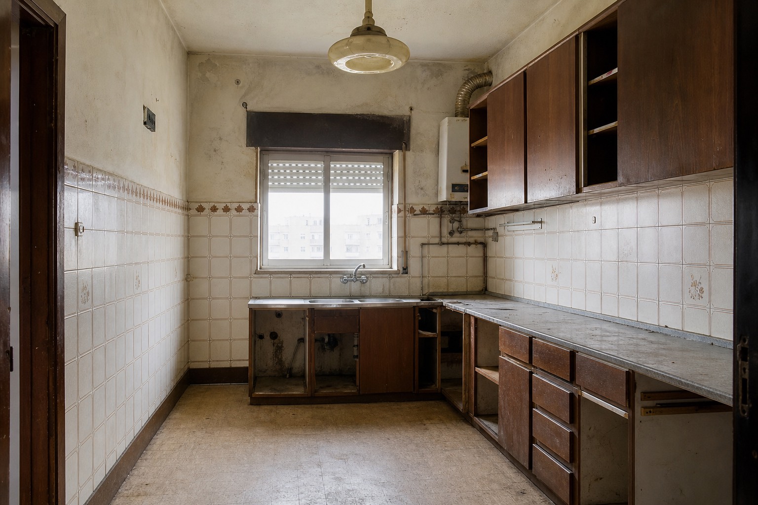 A mesma cozinha antes, com móveis de madeira degradados / The same kitchen before, with worn wooden units