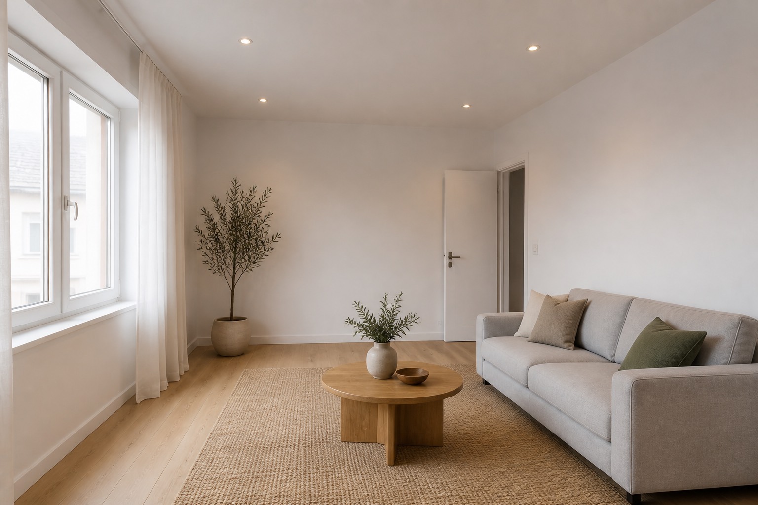 Sala remodelada com pavimento de madeira e paredes brancas / Renovated living room with wood flooring and white walls