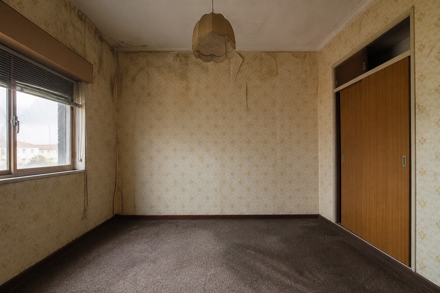 O mesmo quarto antes, com papel de parede antigo e alcatifa / The same bedroom before, with old wallpaper and carpet